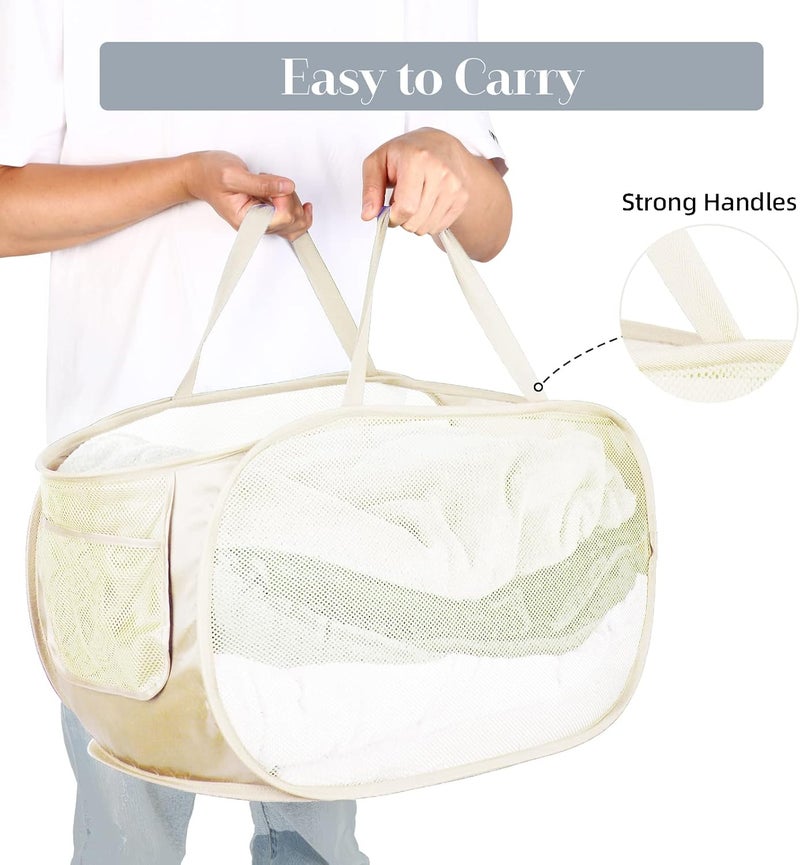 Bemkoo Durable Collapsible Laundry Baskets, Mesh Pop Up Laundry Hamper with Side Pocket, Foldable Clothes Storage Hamper with Reinforced Carry Handles for Laundry, Bathroom, Kids Room, Dorm or Travel Beige - Image 5